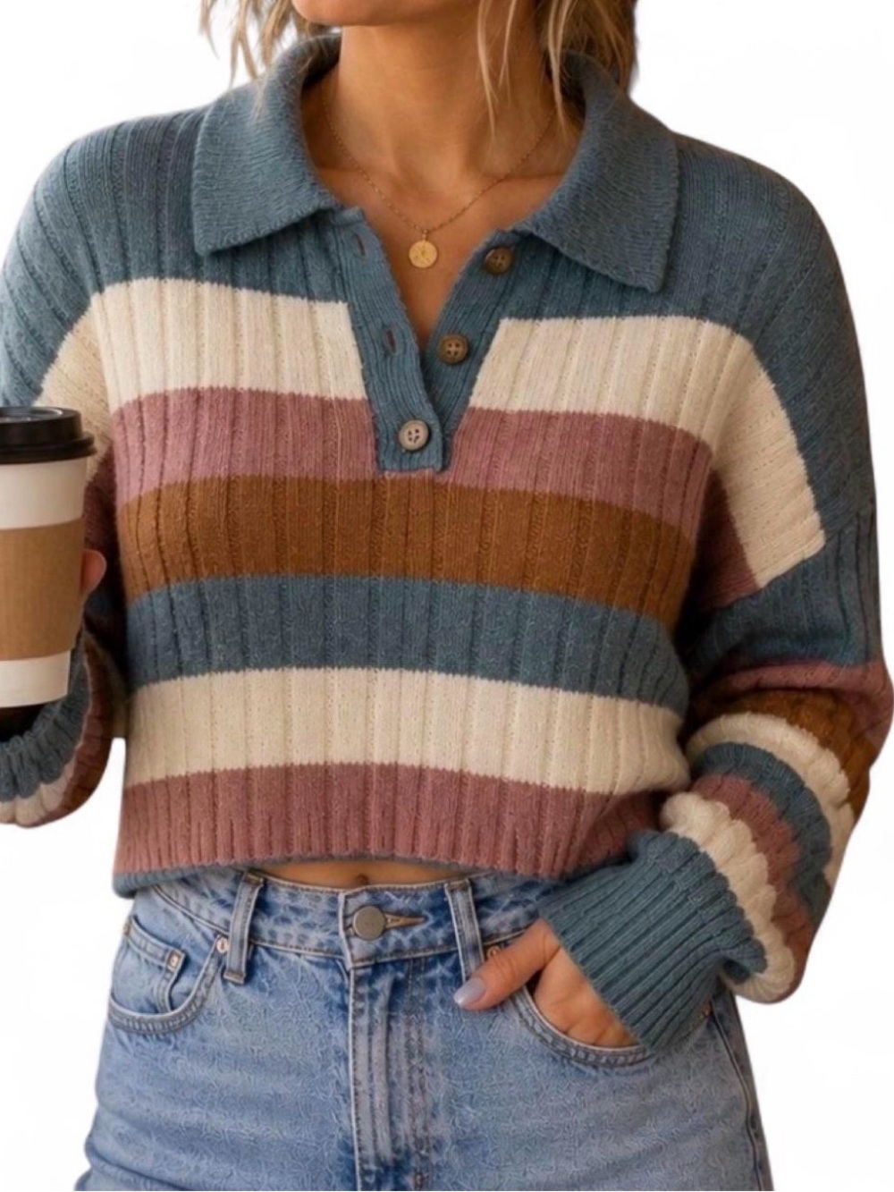 Jolie and JoeStriped Polo Collar Cropped Sweater in Cream, Pink, Gray, and Brown